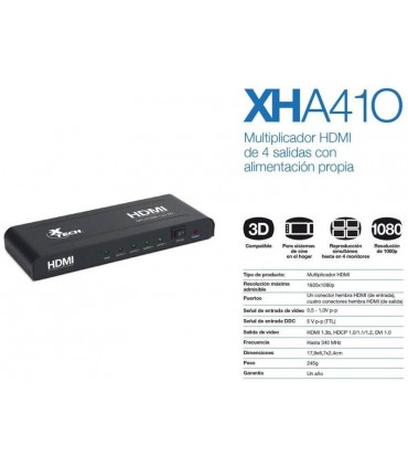 Splitter de Video HDMI de 4 salidas Multiplicador con alimentación XHA-410