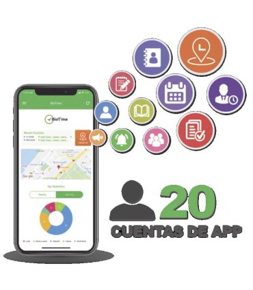 BIOTIMEAPP20 Licencia de APP para 20 usuarios, asistencia desde Smartphone envía fotografía y ubicación GPS, para BIOTIMEPRO