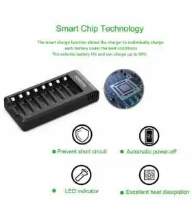 ZN825E Base para Recargar baterías AA o AAA, 8 bahías, con 8 baterías AA de alta capacidad de 2800 mAh NiMH