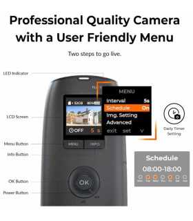 BCC300-C Brinno Kit de cámara Time Lapse, pantalla LCD, Carcasa impermeable, Abrazadera, soporte de pared, 4 baterías AA