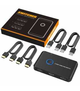 KVM-2PORTS-HDMI Switch KVM HDMI de 2 puertos, teclado, mouse y un monitor HD compartido, 4K, 2 cables USB y 2 cables HDMI