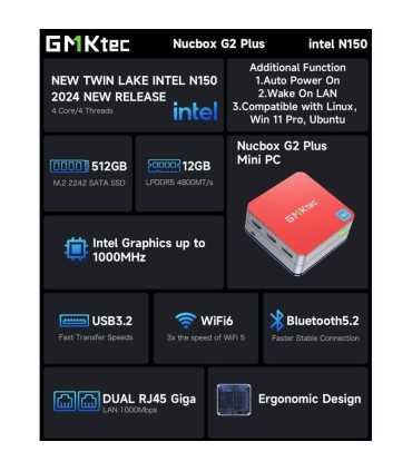 NUCBOX5-12R-512HD Mini PC con Win 11 Pro Intel N150, 16 GB de RAM DDR4, 512 GB SSD, doble HDMI 4K, WiFi 6, Gigabit, BT5.2 , Coinser, PC o Server Guatemala