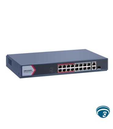 DS-3E1318P-EI/M Switch PoE+, No Admble, 16Pts 10/100 Mbps PoE+, 2Pts 1000 Mbps Uplink, Modo Extendido hasta 300Mts , Hikvision, Switches PoE Guatemala