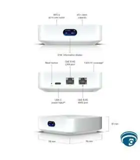 UX Cloud Gateway, WiFi 6 integrado, router UniFi administrable, 2 puertos GbE, cobertura estimada 140m, firewall capa 7 y VPN