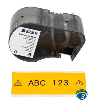 M5C-1500-595-YL-BK Etiquetas de vinilo todo clima 1.5" negro-amarillo, adhesivo alta adherencia, para impresoras portátiles M5 , Brady, Etiquetadora Guatemala