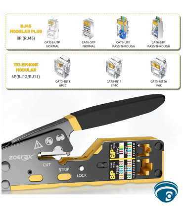 6088V2 Herramienta crimpadora, Ponchadora RJ45 pass-through 3 en 1 para redes, pela/corta/crimpa CAT6 CAT5e, 8P8C 6P6C 6P4C