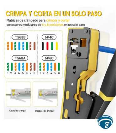 6088V2 Herramienta crimpadora, Ponchadora RJ45 pass-through 3 en 1 para redes, pela/corta/crimpa CAT6 CAT5e, 8P8C 6P6C 6P4C