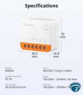 MINIR4 Interruptor Wi-Fi súper compacto 1 circuito 10A, modo Detach Relay, para automatizar luces en cajas de pared interiores