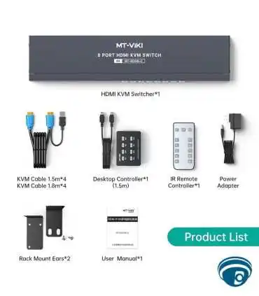 MT-801HK-C Switch KVM HDMI 8 puertos. 4K, control IR, para rack, botones frontales, controlador de escritorio Plug and Play
