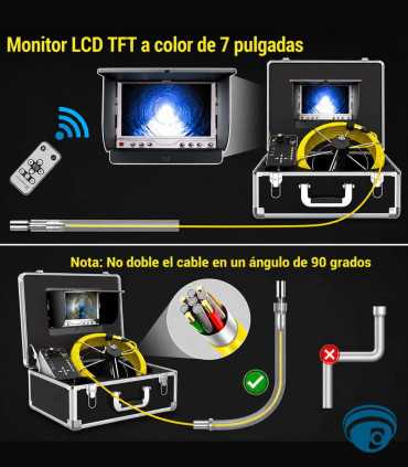 7D1 cámara de inspección para drenajes y tuberías, cabezal IP68, DVR, monitor 7", LED, cable de 30m, batería Li-ion, portátil