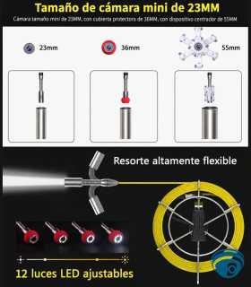 7D1 cámara de inspección para drenajes y tuberías, cabezal IP68, DVR, monitor 7", LED, cable de 30m, batería Li-ion, portátil