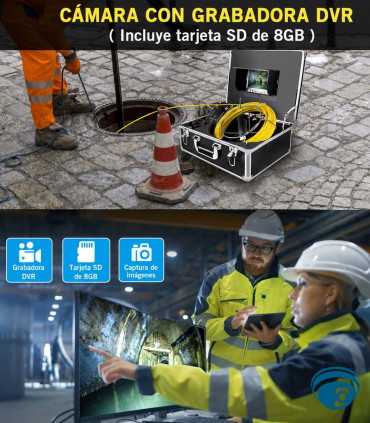 7D1 cámara de inspección para drenajes y tuberías, cabezal IP68, DVR, monitor 7", LED, cable de 30m, batería Li-ion, portátil
