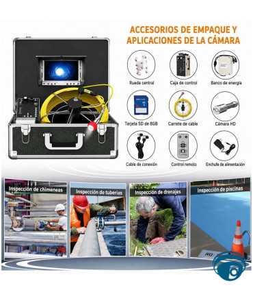 7D1 cámara de inspección para drenajes y tuberías, cabezal IP68, DVR, monitor 7", LED, cable de 30m, batería Li-ion, portátil