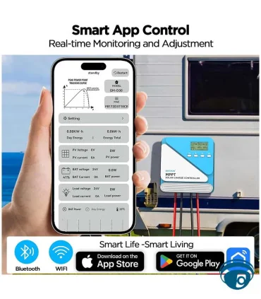GM-D5024-new Controlador de carga solar MPPT 50A, para baterías 12V/24V, potencia 600W/1200W, fuera de red, App Bluetooth/WiFi
