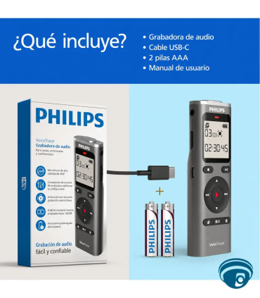 DVT1170 Grabadora de voz digital VoiceTracer con 8 GB, micrófono 360°, WAV, activación por voz, USB-C, batería hasta 70 horas
