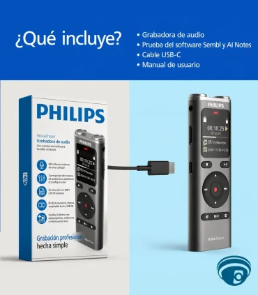 DVT2075 Grabadora de voz digital VoiceTracer, 8GB, micrófonos estéreo, MP3, PCM WAV, pantalla color, batería recargable 35 horas
