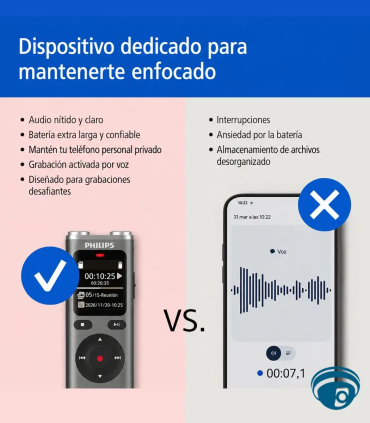 DVT2075 Grabadora de voz digital VoiceTracer, 8GB, micrófonos estéreo, MP3, PCM WAV, pantalla color, batería recargable 35 horas