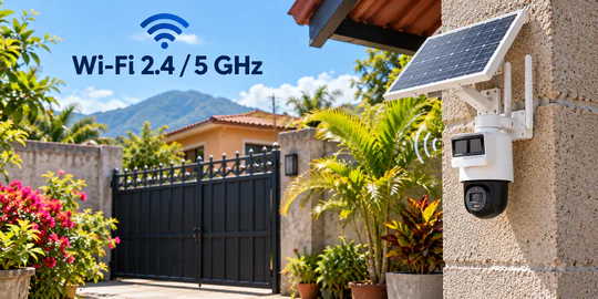 Cámara solar WiFi instalada en el muro de una casa en Guatemala